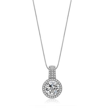 Sparkle Me Round Necklace - Close-up of the Sparkle Me Round Necklace, showcasing its rhodium-plated finish and the brilliant central cubic zirconia stone surrounded by a halo of smaller stones.