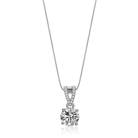 Sparkling 8MM Clear CZ Necklace - A close-up studio shot of the Sparkling 8MM Clear CZ Necklace, showcasing the brilliant round-cut cubic zirconia pendant on a rhodium-plated brass chain against a white background.
