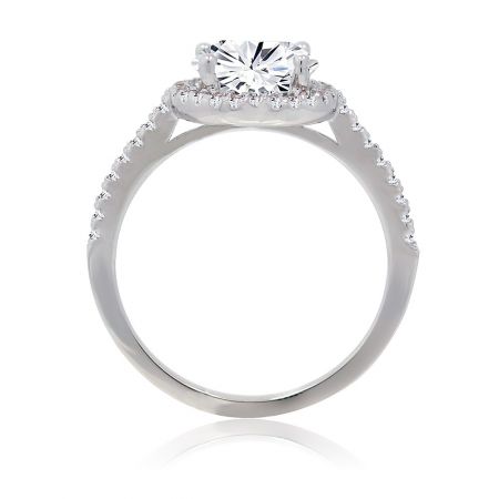 Angled view of the Unique Forever Engaged Ring, displaying the brilliance of the central halo and the elegant design of the band.