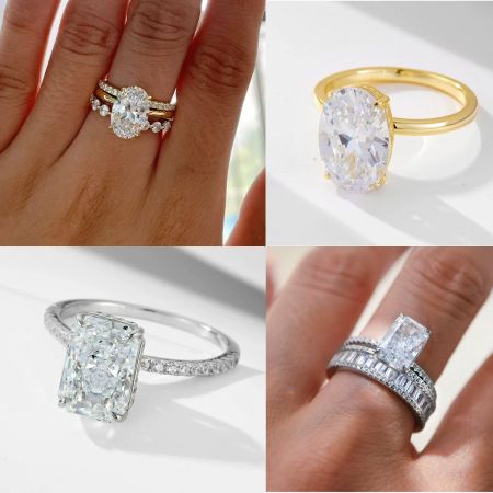 Una collezione di quattro squisite fedi in zirconia cubica in vari stili, che mostrano diversi tagli e montature.