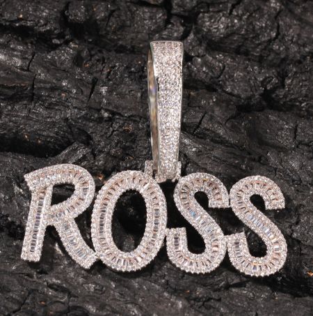 Custom diamond-encrusted 'ROSS' name pendant in a stylish font.