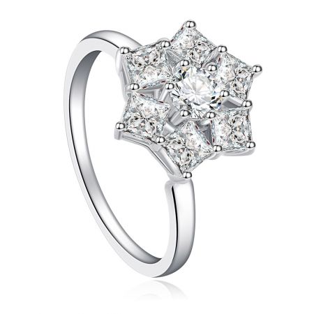 Angled view of the Six Star Cubic Zirconia Spinning Ring, highlighting its unique star-shaped design and brilliant stones.