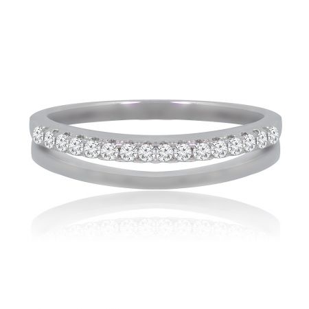 Open Circle Wedding Band - Front view of the Open Circle Wedding Band, a rhodium-plated brass ring featuring a channel-set design with sparkling cubic zirconia stones.