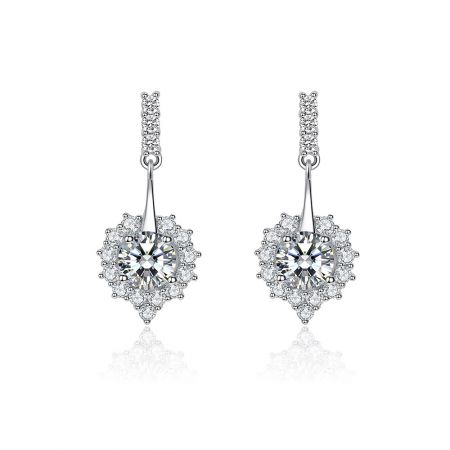 Dangle Sweetheart Stud Earring - A close-up of the Dangle Sweetheart Stud Earring, showcasing its elegant teardrop design with a large central cubic zirconia stone surrounded by a halo of smaller sparkling gems, all set in rhodium-plated brass.