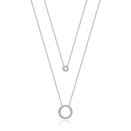 Pave Circle Double Layer Necklace - Elegant Pave Circle Double Layer Necklace in rhodium-plated brass, showcasing two circular pendants adorned with sparkling white cubic zirconia stones.