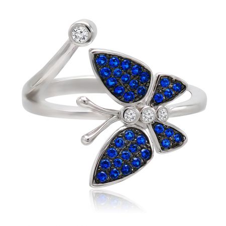 Angled view of the Fluttering Chic butterfly ring, highlighting the two-tone rhodium and hematite plating.