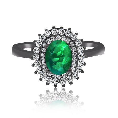 Green Opal Round Contemporary Ring - Front view of the Green Opal Round Contemporary Ring, featuring a large oval green gemstone surrounded by a halo of white cubic zirconia on a hematite-plated band.