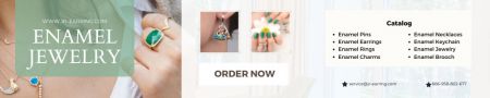 Bijoux en émail personnalisés & en gros - Une bannière promotionnelle présentant une large variété de bijoux en émail personnalisés de JR Fashion Accessories, y compris des pins colorés, des charms, des bagues et des porte-clés.