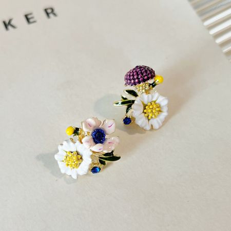 14k Gold Plated Hand Painting Enamel Asymmetrical Flower Stud Earrings - A set of 5 pairs of 14k gold-plated stud earrings, featuring hand-painted enamel flowers with white petals, gold accents, and colorful centers.