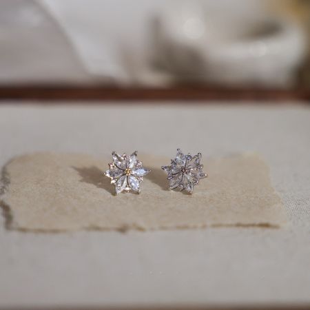 A pair of brilliant flower-shaped earrings showcasing their sparkling stones.
