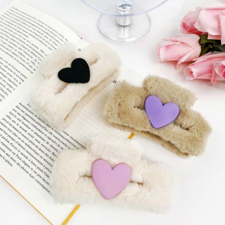 Girls Cute Fluffy Plush Square Claw Hair Clips - A collection of cute fluffy plush square claw hair clips in various colors, each adorned with a heart decoration, sold as a set of 5.
