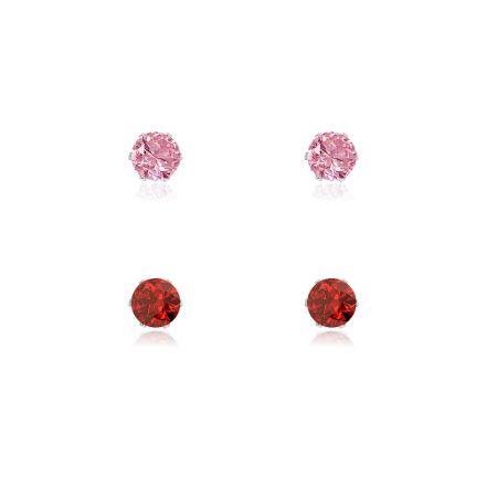 3mm Cubic Zirconia Earring Studs 2 in 1 - A set of four 3mm cubic zirconia stud earrings in vibrant pink and red, featuring brilliant-cut stones in gold-plated brass settings, offered by JR Fashion Accessories.
