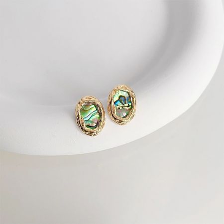 14k Gold Plated Oval Abalone Shell Stud Earrings - A set of five pairs of 14k gold-plated oval stud earrings featuring vibrant abalone shell inlays, displayed on a white surface.
