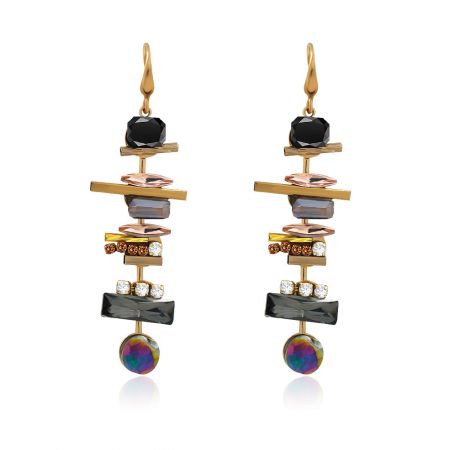 Vintage Bride Earrings - A pair of Vintage Bride Earrings (JRE-071) with a gold-plated, multi-layered abstract design, adorned with various colorful gemstones.