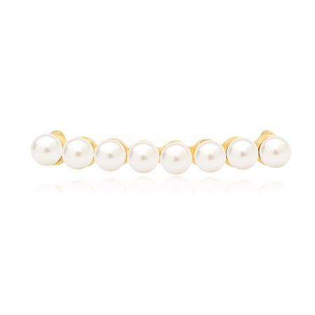 An elegant gold bar shoe charm adorned with seven white pearls.