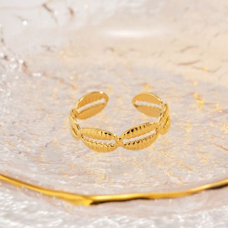 Een vergulde roestvrijstalen ring uit de set, die het ingewikkelde ontwerp toont.