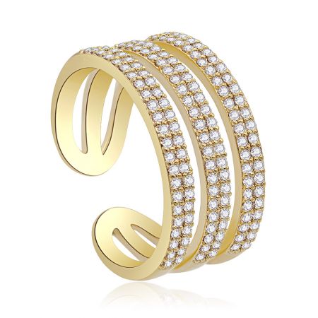 Side profile of the stackable three-band ring, highlighting the rows of clear cubic zirconia gemstones.