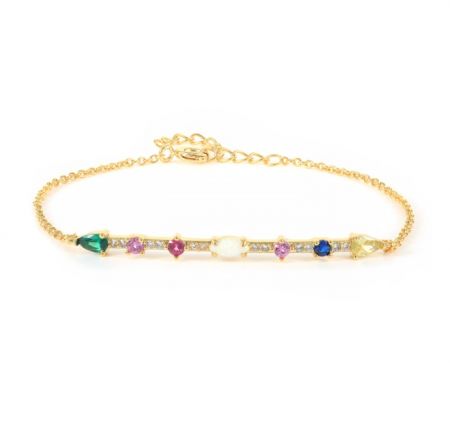 Multi-Color Cubic Zirconia Bracelet - A stunning gold-plated tennis bracelet featuring a continuous line of vibrant, multi-colored cubic zirconia gemstones on a clean white background.