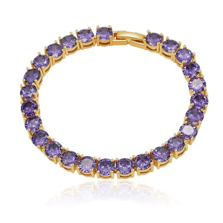 Elegant gold tennis bracelet with sparkling purple cubic zirconia.