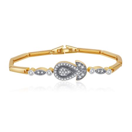 Flower Two Tone Bar Bracelet - The Flower Two Tone Bar Bracelet featuring a gold band and a central teardrop decoration set with clear cubic zirconia stones on a white background.