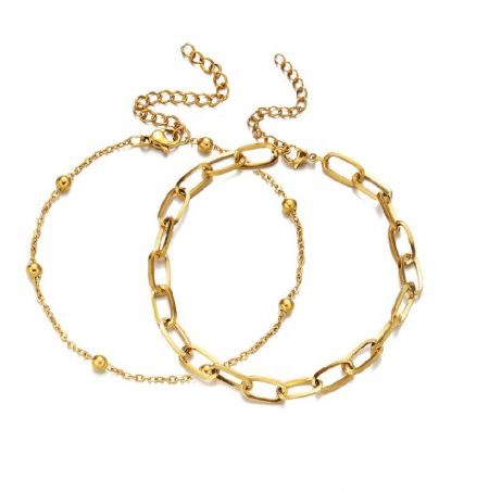 Dubbele kettingarmband van goudplaat - Een paar elegante dubbele kettingarmbanden van goudplaat, stijl JRH-026, die verschillende kettingstijlen tonen op een schone witte achtergrond.
