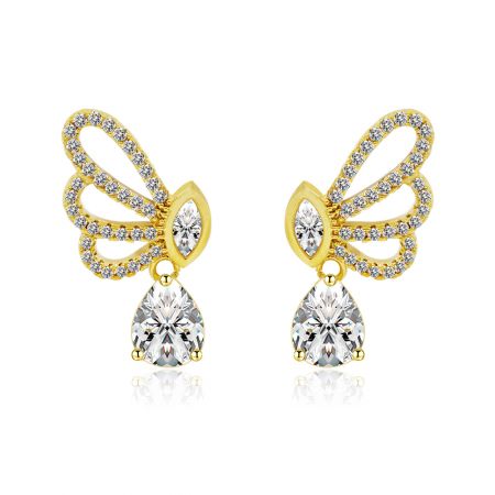 Tear Drop CZ Butterfly Dangle Studs - A close-up of the Tear Drop CZ Butterfly Dangle Studs, showcasing the intricate gold-plated butterfly design with marquise and pear-shaped white cubic zirconia stones.