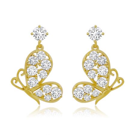 Cubic Butterfly Dangle Earrings - A close-up of the Cubic Butterfly Dangle Earrings, showcasing the intricate gold-plated butterfly design adorned with sparkling white cubic zirconia stones.