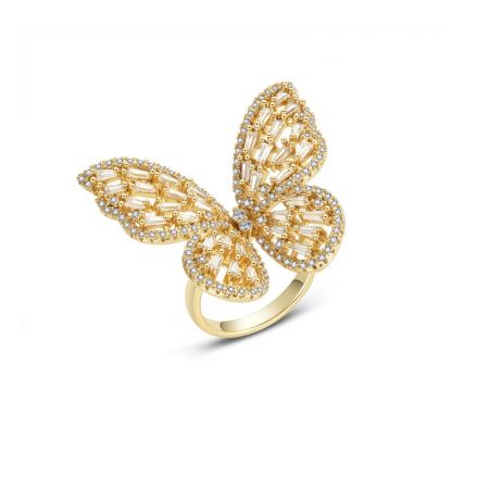 Top view of the gold butterfly ring showcasing the detailed baguette-cut gemstones on the wings.