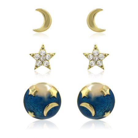 Conjunto de 3 Piezas de Pendientes de Esmalte Colorido - Un conjunto de 3 piezas de pendientes de esmalte colorido con diseños celestiales de una luna, estrella y planeta, exhibido en una tarjeta.