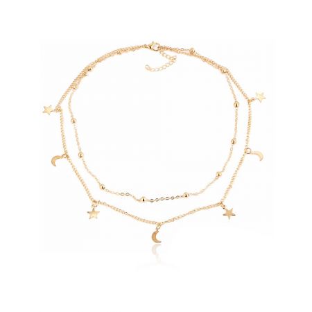Delicados collares minimalistas de estrella y luna - Un delicado collar de oro chapado en doble capa con encantos minimalistas de estrella y luna sobre un fondo blanco.
