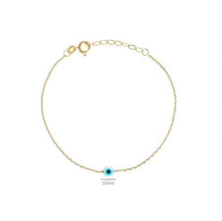 Detailed view of the 10mm blue evil eye charm on the gold-plated sterling silver bracelet.