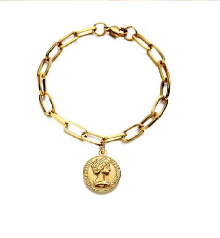 Bedelarmband met munt. - Gouden roestvrijstalen bedelarmband met een klassieke munthanger, model JRH-031, weergegeven op een witte achtergrond.