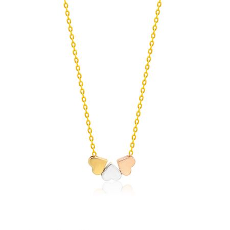 Triple Heart Necklace In Wholesale - A close-up of the elegant Triple Heart Necklace, showcasing the three interlocking heart pendants in rhodium, gold, and rose gold plating on a delicate brass chain.