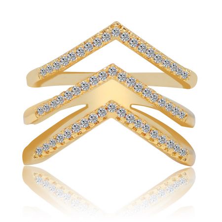 CZ Gold Vintage Inspired Cocktail Ring - A close-up of the CZ Gold Vintage Inspired Cocktail Ring, showcasing its multi-layered chevron design with sparkling cubic zirconia stones.