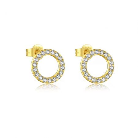 S925 gold-plated CZ stud earrings displayed on a white surface, highlighting their brilliant sparkle.