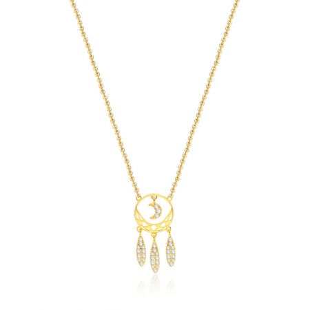 Gold-Plated Brass Dream Catcher Necklace with Cubic Zirconia - Gold-plated dream catcher necklace featuring a crescent moon pendant with sparkling cubic zirconia charms, displayed on a neutral background.