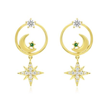 Moon Star Drop Statement Earrings - Moon Star Drop Statement Earrings featuring a gold crescent moon and starburst design, detailed with white and peridot cubic zirconia stones.