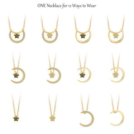 Un collar para 12 formas de llevarlo - Un collar versátil que se puede usar de 12 maneras diferentes, con un diseño de luna creciente y estrella de oro.
