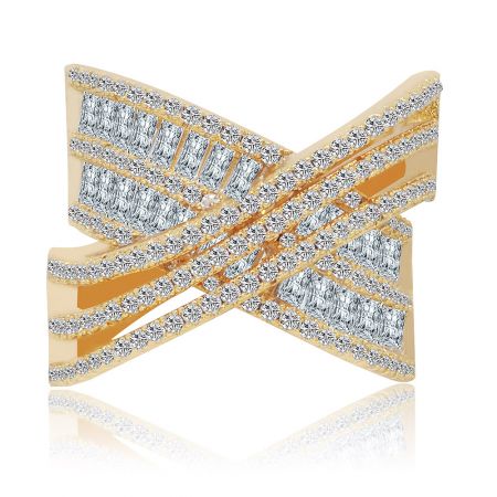Clear CZ Crossover Band Ring In Gold - Front view of the Clear CZ Crossover Band Ring in Gold, showcasing its intricate crisscross bow design fully embellished with sparkling cubic zirconia stones.