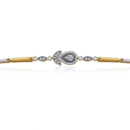 A detailed view of the bracelet's centerpiece, showcasing the leaf-like design and sparkling cubic zirconia stones.