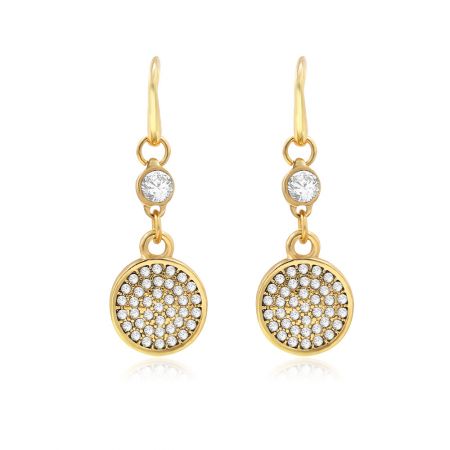 Pendientes colgantes de disco pavé - Un par de pendientes colgantes de disco pavé en oro, con un diseño circular pavé con piedras de circonita cúbica brillantes y un gancho de alambre clásico.