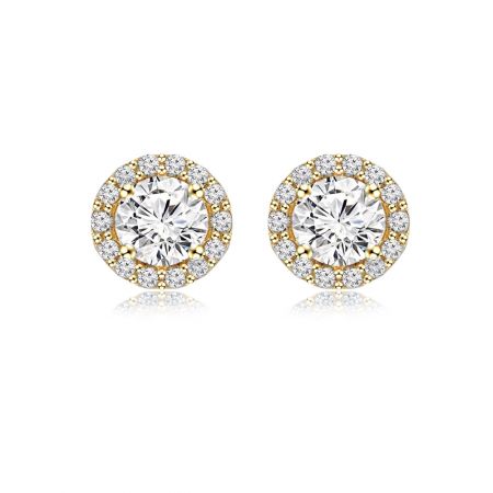 Medium Round Cubic Zirconia Earring Jackets - A pair of Medium Round Cubic Zirconia Earring Jackets, featuring a brilliant central stone surrounded by a halo of smaller stones in a gold-plated brass setting.