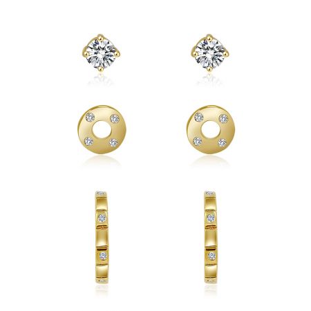 Gold Tone Combo 3 in 1 Stud Earrings - A collection of Gold Tone Combo 3-in-1 Stud Earrings, including CZ, round, and hoop designs, displayed on a clean background.