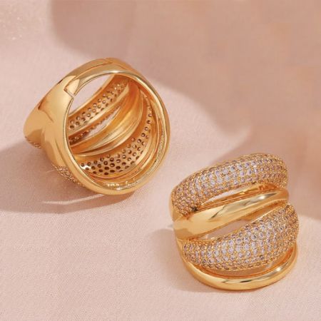 Elegant layered CZ dome brass rings with 18K gold plating.