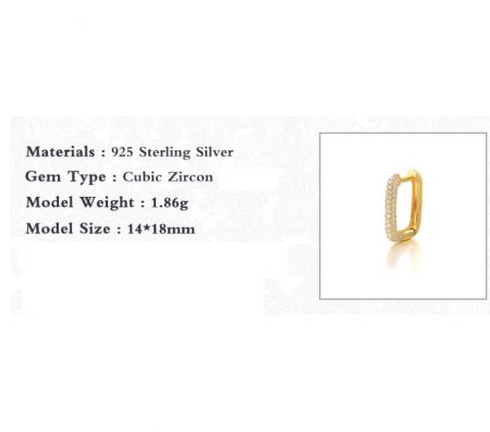 Vista dettagliata di un singolo orecchino a cerchio quadrato placcato in oro che mostra le sue dimensioni (14x18mm) e la montatura in zirconia cubica.