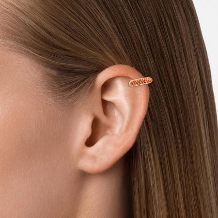 Real Gold Red Ear Cuff Wrap with Cubic Zirconia - A model wearing the Real Gold Red Ear Cuff Wrap, showcasing its elegant design with red cubic zirconia on the ear rim.