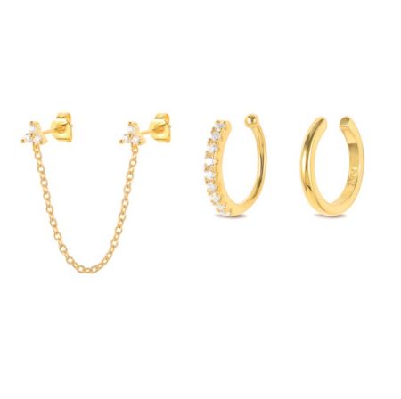 Conjunto de aretes de perno con cadena - Una colección elegante del conjunto de aretes de perno con cadena (JRE-143) en chapado de oro, que muestra varios diseños, incluidos los pernos con cadenas y los aros con circonitas.