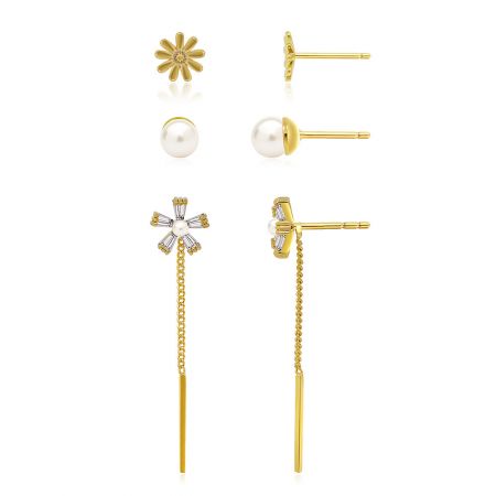 L'ensemble complet de boucles d'oreilles en métal doré en 3 pièces affiché ensemble, mettant en avant les différents styles de clous et de pendants.