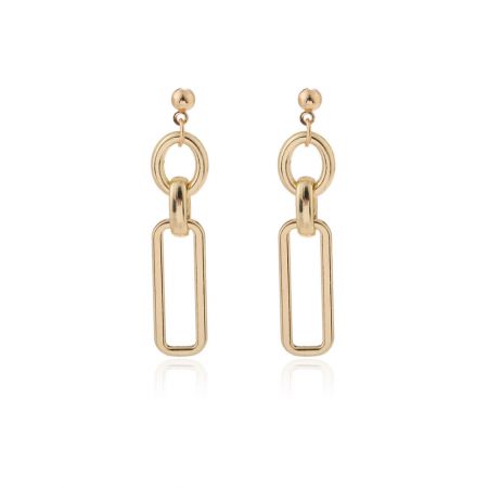 Pendientes de Eslabones de Oro Llenos - Una toma de estudio de los Pendientes de Eslabones de Oro Llenos JRE-063, mostrando el acabado dorado pulido y el diseño moderno con una bola, un anillo y un marco rectangular.