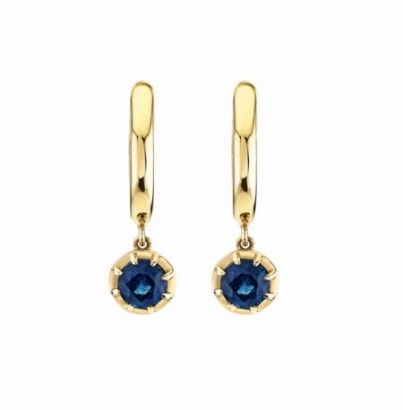 Close-up of the Halo Huggie Drop Earrings featuring brilliant blue cubic zirconia stones.